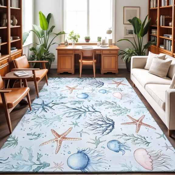 Area Rugs 5'x7', Blue Coastal Carpet Runner Indoor Outdoor Rugs Home Decor Aesthetic, Ocean Nautical Coral Starfish Non Slip Mats Washable Accent Rug for Living Room Bedroom