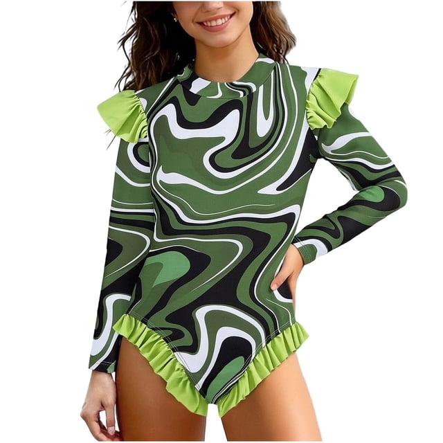 Long Sleeve Swimsuit for Girls Training Swimsuit with Ruffle Sleeves and Ripple Print One-Piece Swimsuit for Kids in Army Green