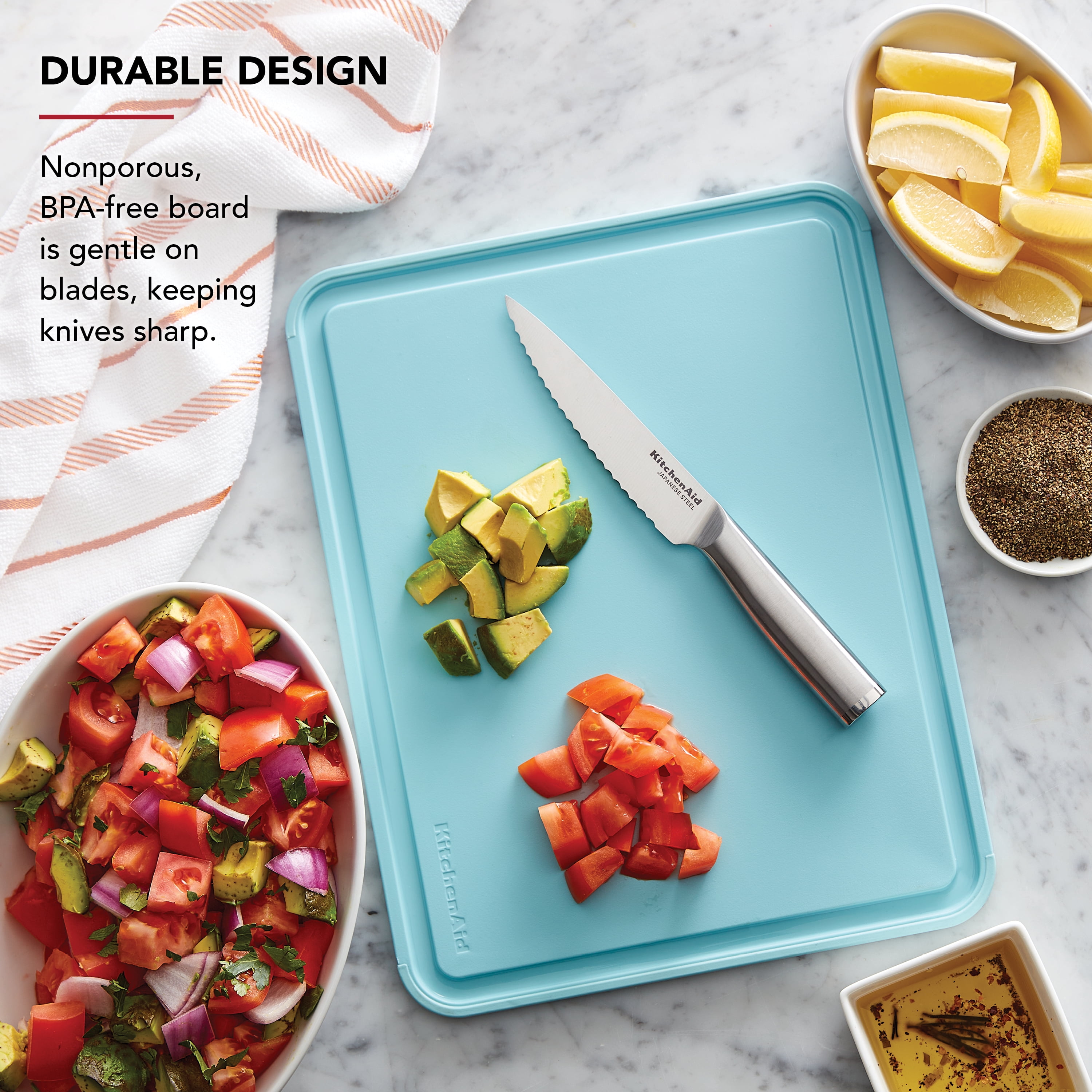 KitchenAid Classic Plastic Cutting Board with Trench, Non-Slip Edges, Dishwasher Safe, 11x14, Mineral Water
