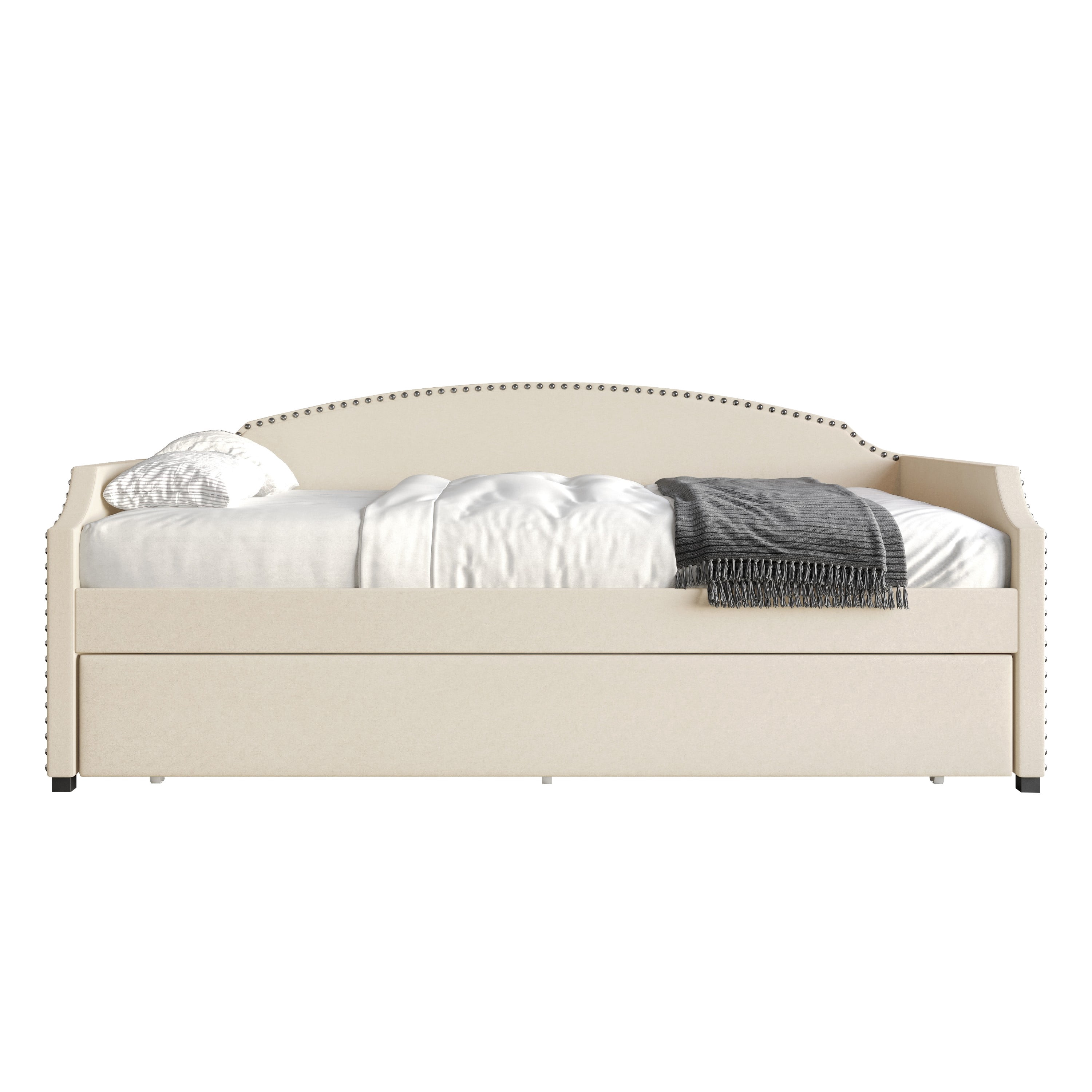 Home Design Kilgore Twin Daybed, Beige Velvet, Scooped Backrest, Chrome Nailhead Trim, Foam Padding, Pull-Out Trundle for Stylish Seating & Sleeping