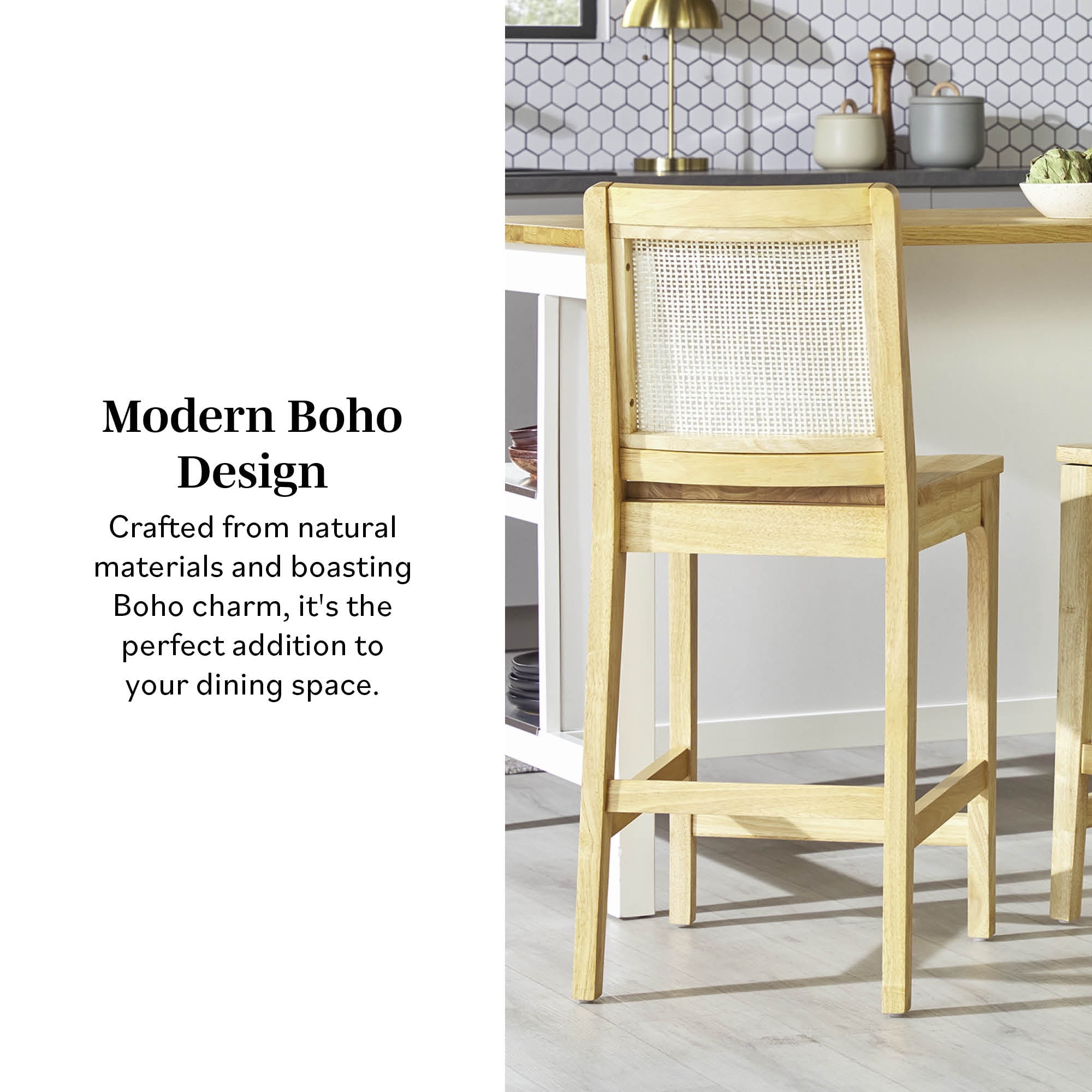 Walker Edison Collection Solid Wood Counter Stool with Woven Rattan Back, Natural (Set of 2)