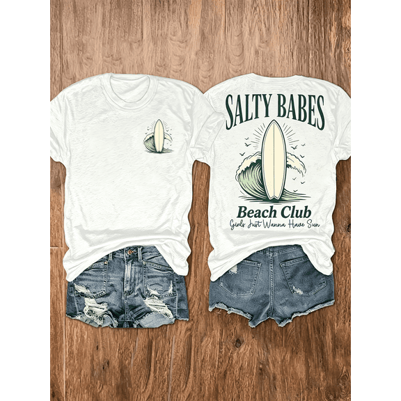 Salty Babes Beach Club Surfboard Double Sided T-Shirt, Retro Ocean Wave Summer Beach Girls Vacation Graphic Tee