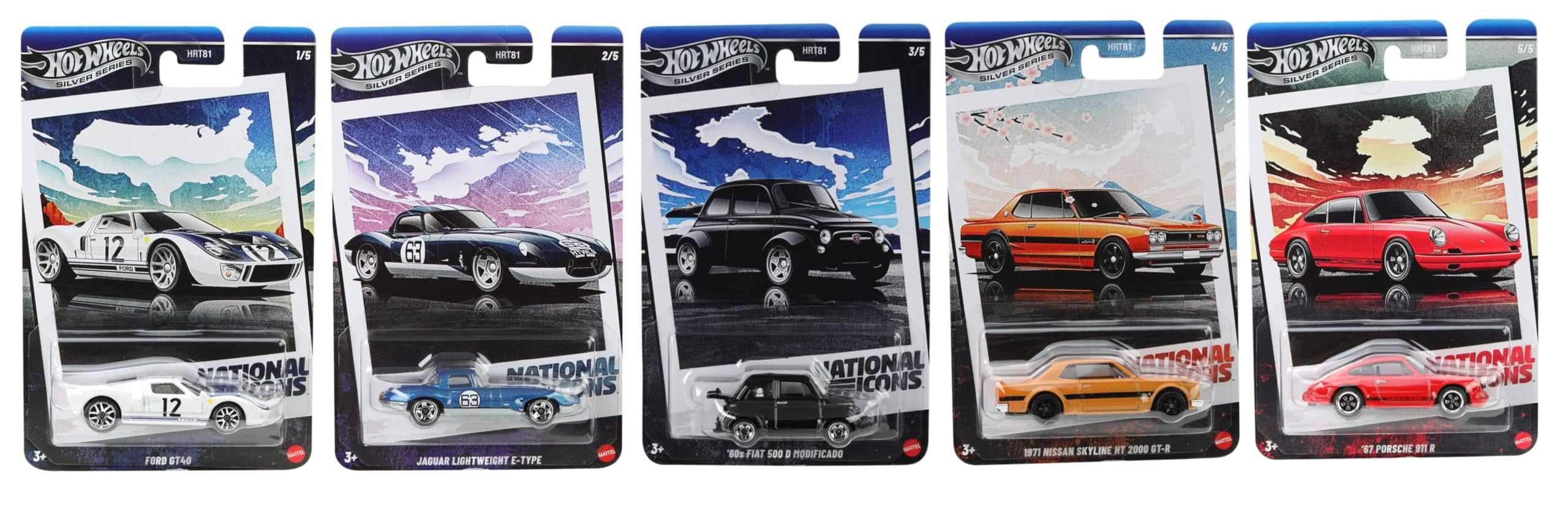 Hot Wheels National Icons Collection, Silver Series, Set of 5 Die-Cast Cars, Ford GT40, Jaguar E-Type, Fiat 500, Nissan Skyline GT-R, Porsche 911 R HRT81-956G