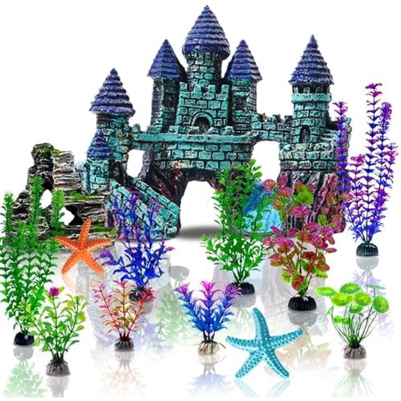 13 Pieces Aquarium Decorations Kit, Fish Tank Decorations Set Small Resin Castle and Rockery Betta Fish Cave Hideout Coral Artificial Plastic Plants Ornament Accessories