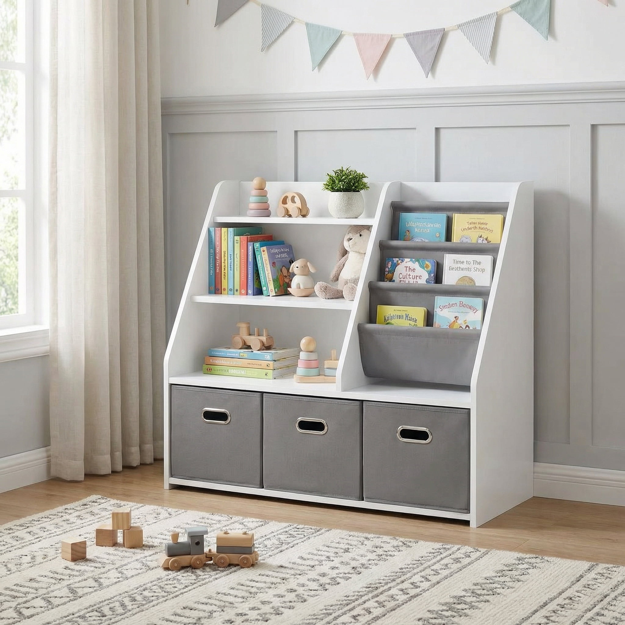 AACULPET Montessori Bookshelf and Toy Storage Organizer, 3-in-1 Wood Bookshelf with 3 Fabric Toy Bins & Sling Book Rack for Baby Toddler, Kids Bookcase with Toy Storage for Nursery Playroom Classroom