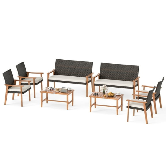 Gymax Set of 8 Patio Furniture Set w/Acacia Wood Coffee Table & Soft Cushions for Garden Outdoor Off White