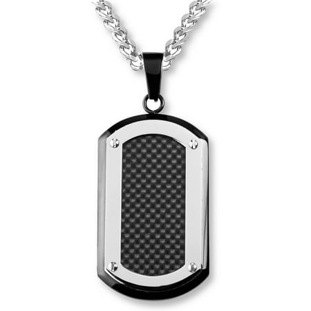 Crucible Black-Plated Stainless Steel Carbon Fiber Inlay with Silver-Tone Edge Dog Tag Pendant
