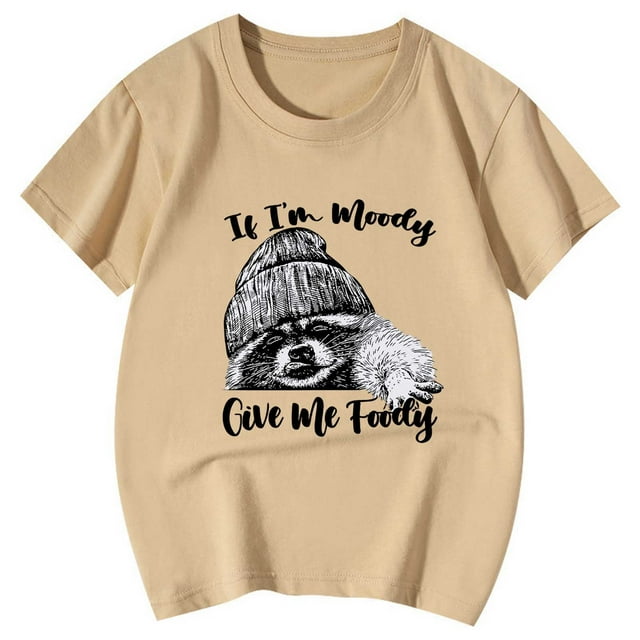 NINGMENG Hauts et T-Shirts pour Filles, Imprimé Animal Raton Laveur Mignon, Col Rond, Manches Courtes, Beige, 10-11 Ans