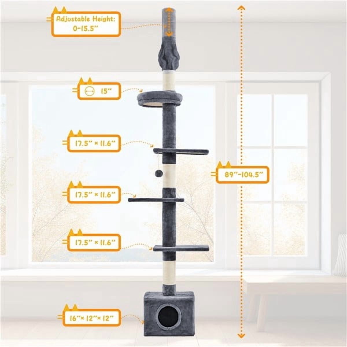 WDZS Cat Tree, Floor to Ceiling Cat Tower for Large Cats, 89-104.5in Height Adjustable Tall Climbing Tree w/Scratching Posts, Condo and Perches