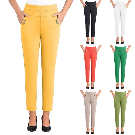 Oksale Slim Straight Leg Pants for Women with Pockets Petite Pull On Casual Summer Pants Plus Size Stretchy High Waisted Lightweight Pants White 3XL