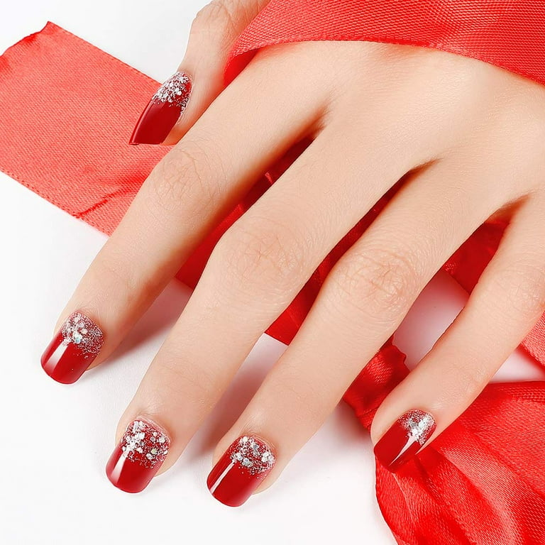 24pcs False Nail Glitter Decorated Solid Red Short Square Full