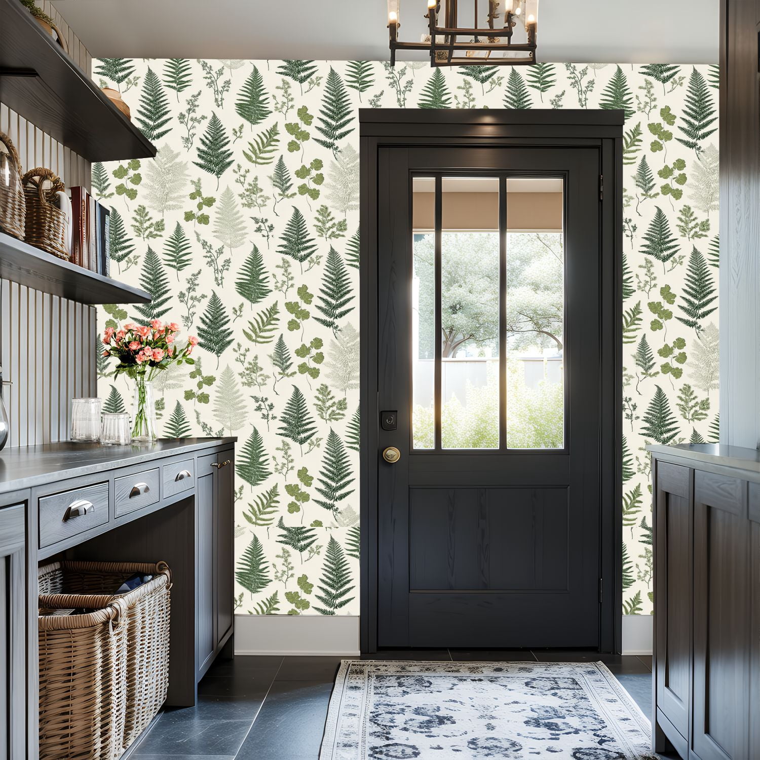 Vintage Peel and Stick Wallpaper Vintage Botanical Fern Leaf Green Beige Wall Mural 17.7in x 9.8ft Self Adhesive Removable Wall Paper Renter Friendly Wallpaper for Nursery Bedroom Cabinets