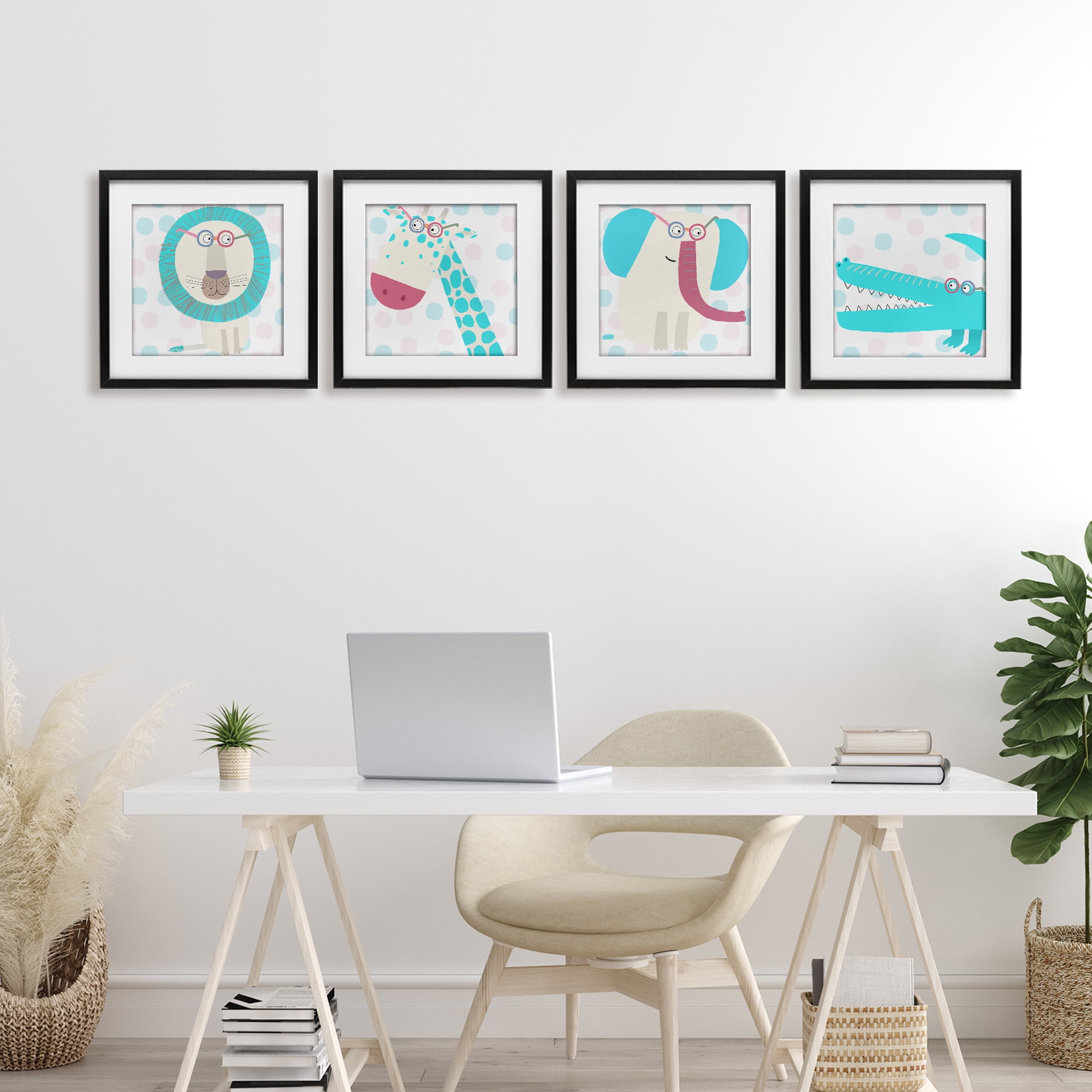 Stupell Industries Electric Blue Wild Animals 4 Piece Black Framed Print Under Glass Set, design by Carla Daly