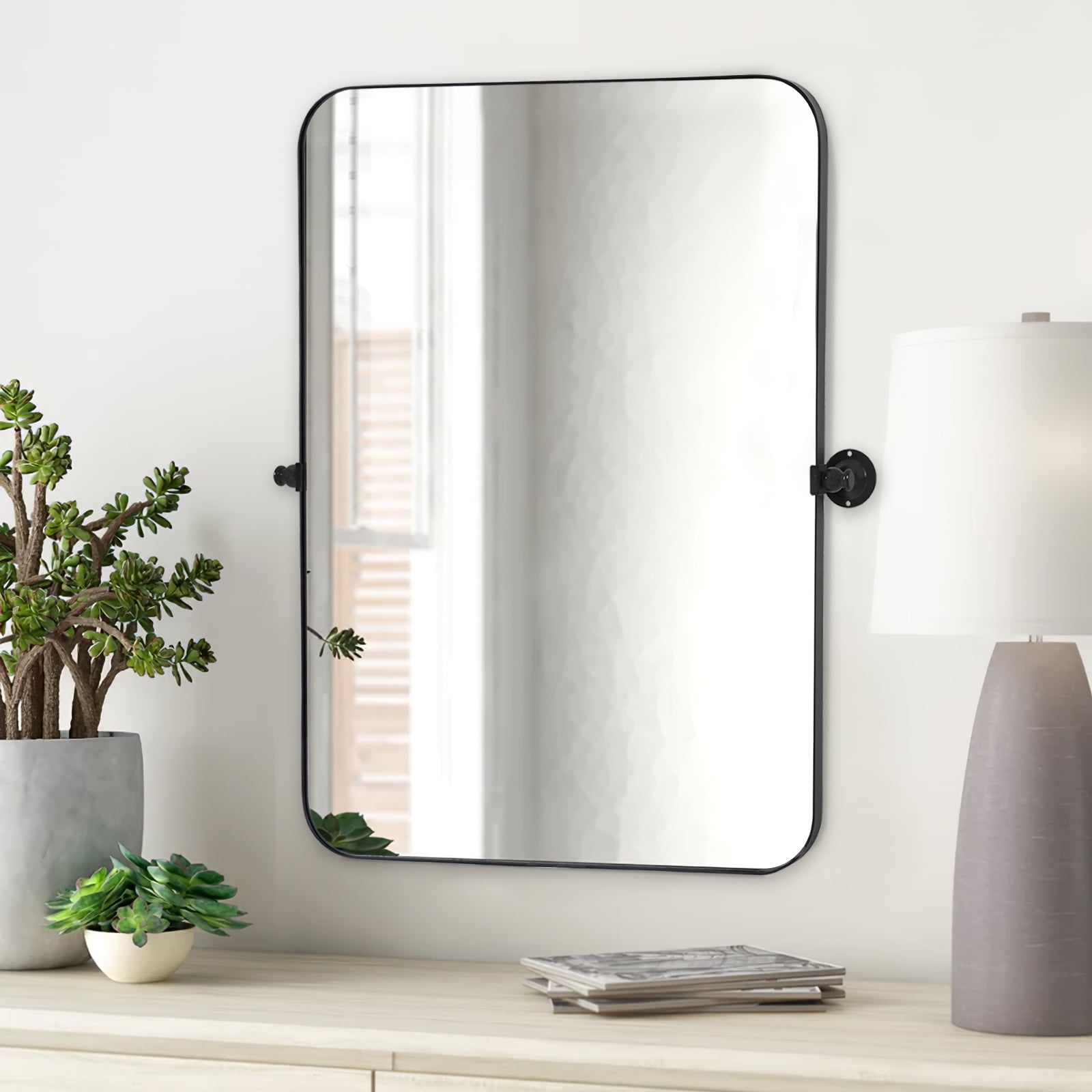 MAYEERTY 36"×24" Black Iron Rectangular Wall Mirror Rounded Corners, Rotating Hardware for Bathroom or Bedroom