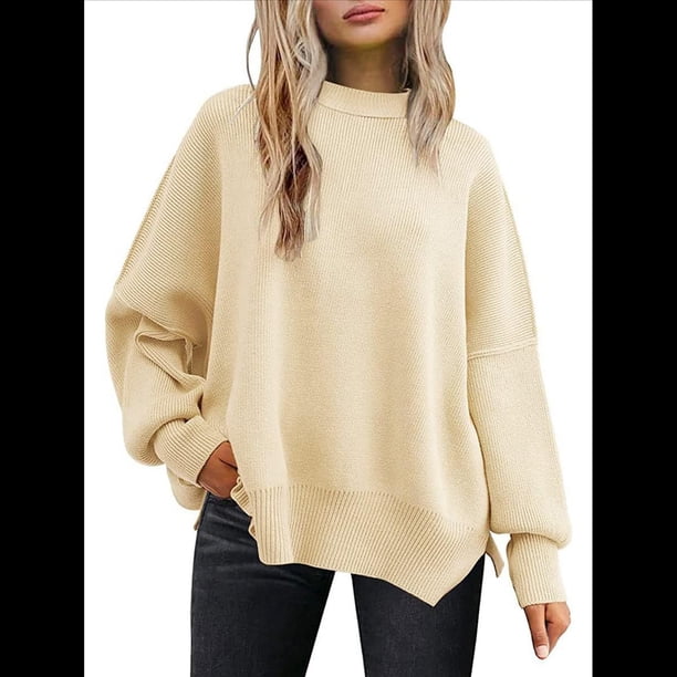 Suéteres de Murciélago Extragrandes para Mujer, Conjuntos de Otoño 2025, Suéteres de Cuello Redondo de Punto con Abertura Lateral, Tops de Moda. Albaricoque L