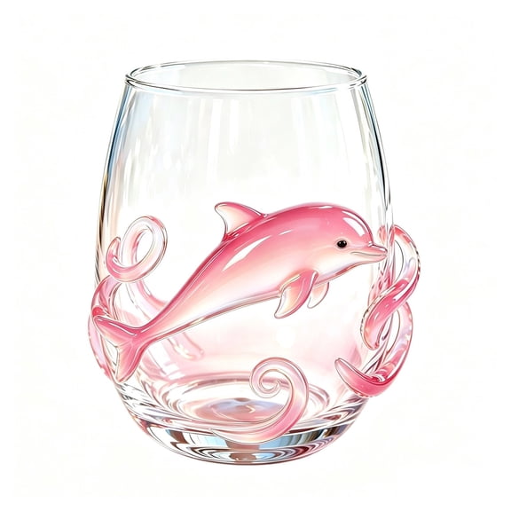 Homellea Artisanal Pink Dolphin Stemless Wine Glass, 3.94 Inch 2D Flat Marine Animal Glass Cup, Handcrafted Coastal Bar Glass for Juice, Cocktails, Beach House Decor and Ocean Lovers Gift