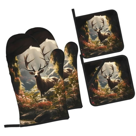 

Zeuib Enchanted Deer In Cave Oven Mitts and Potholders BBQ Gloves Kitchen Oven Glove High Heat Resistant 500 Degree Extra Long Oven Mitts and Potholder with Non-Slip Silicone Surface for Cooking