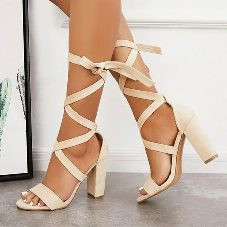 

〖Yilirongyumm〗 Beige 39 Sandals Women For Women Toe Sandals Ladies Causal Heels High Shoes Lace Peep Fashion Women s Sandals
