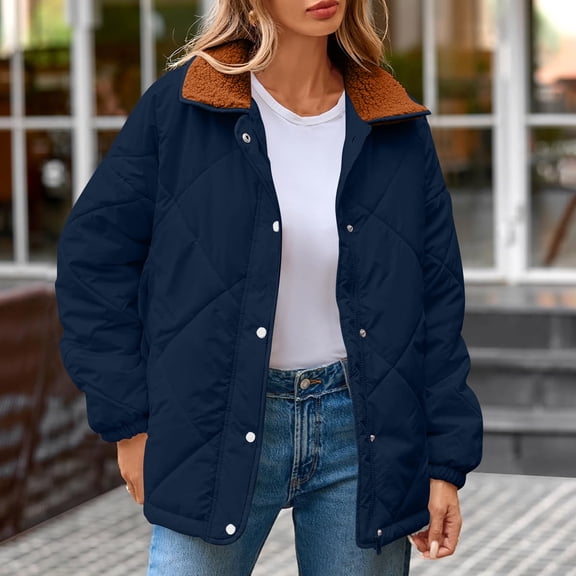 Winter Casual Women's Quilted Coat - Long Sleeve Button Down Thickened, Cozy Insulated Jacket for Weekend & Cold Days Navy XXL