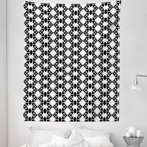 Tribal Tapestry, Geometric Minimal Style Primitive Classic Bohemian Traditional Pattern, Fabric Wall Hanging Decor for Bedroom Living Room Dorm, 5 Sizes, Charcoal Grey and White, by Ambesonne