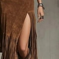 thumbnail image 6 of MORTTIC Women's Bohemian Maxi Skirt with Fringe Hem and High Side Slit Patchwork Western Style Skirt Brown，S, 6 of 6
