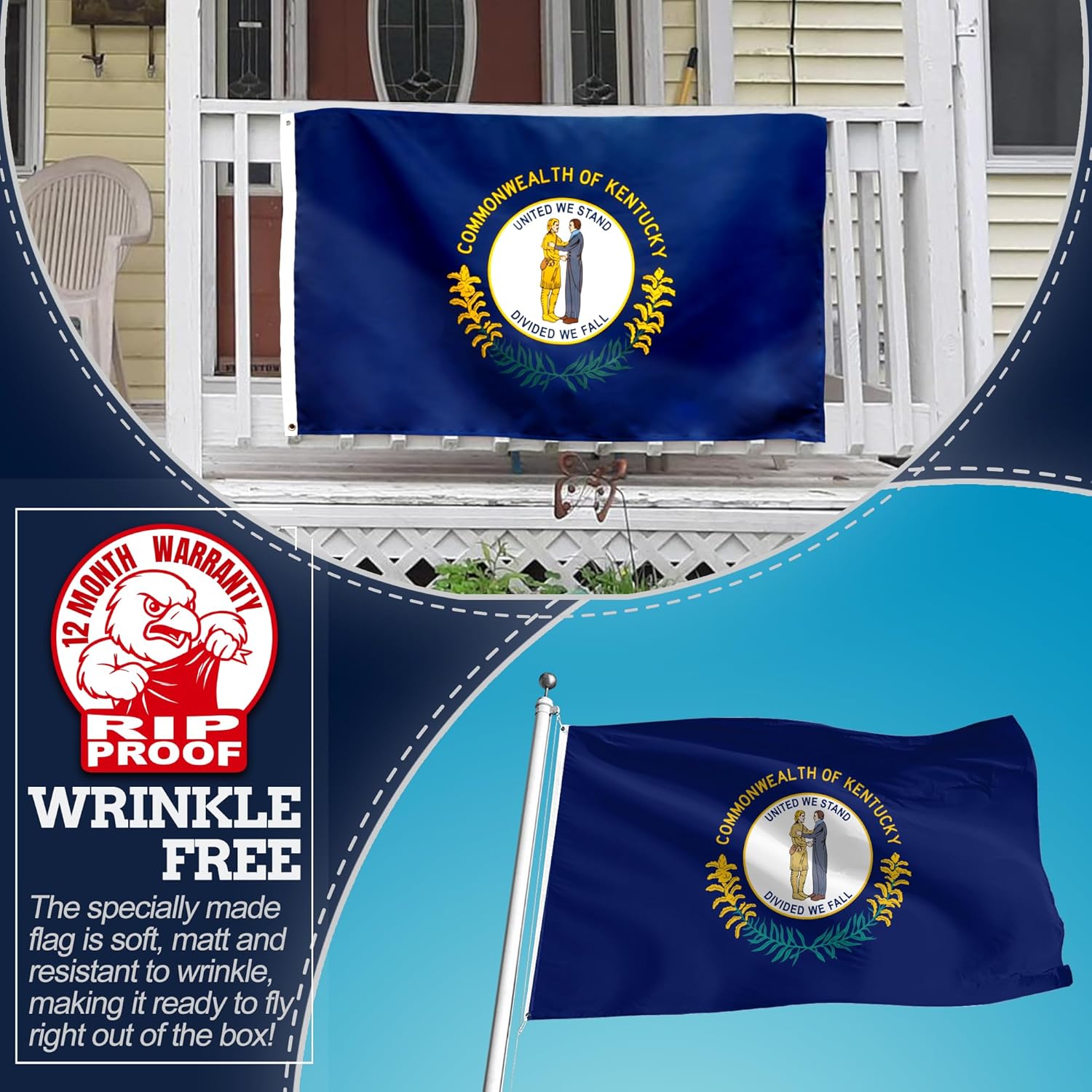 Anley Rip-Proof Double Sided 3-Ply Kentucky State Flag 3x5 Foot - Kentucky KY Flags