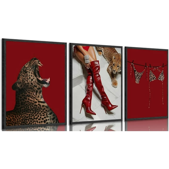 Hieng Red Fashion Leopard Canvas Wall Art Cheetah Wall Decor Pictures Stylish long boots print Bikini Painting Artwork for Living Room Bedroom Bathroom Corridor Home Decoration