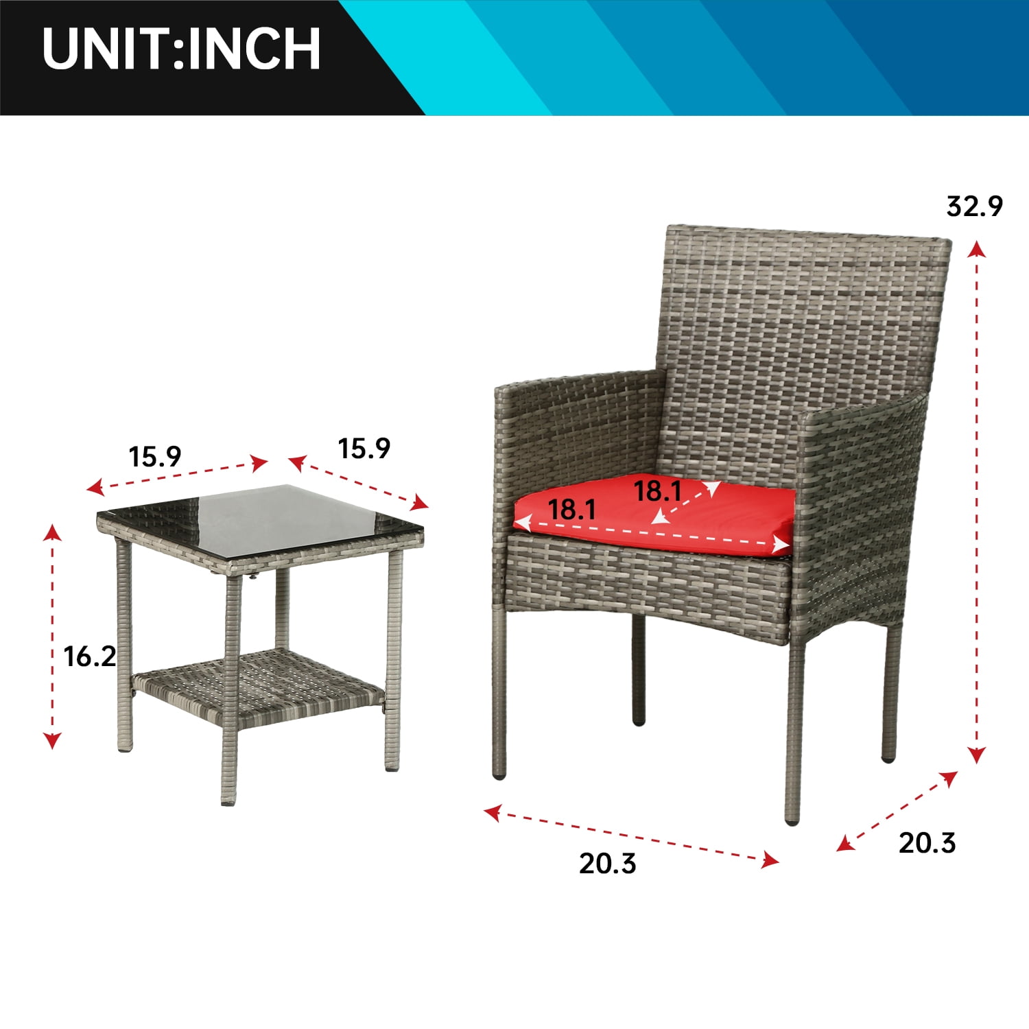 FDW 2-Piece Rattan Outdoor Conversation Sets with Thick Cushions, Gray/Red