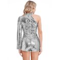 thumbnail image 2 of iEFiEL Women's Sparkly Sequin Shorts Jumpsuits One Shoulder Long Sleeve Romper Party Club Outfit Silver L, 2 of 7