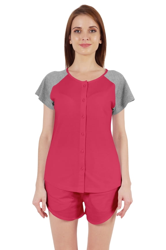 Solid 2 Pc Nightwear Set For Women Raglan Sleeves Button-Down Top & Shorts Sleepwear-49