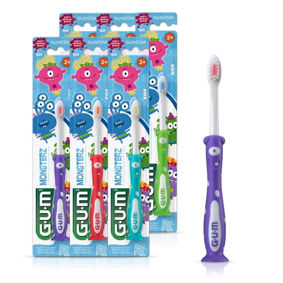 Cepillo de dientes GUM Monsterz cerdas suaves con ventosa, paquete de 6