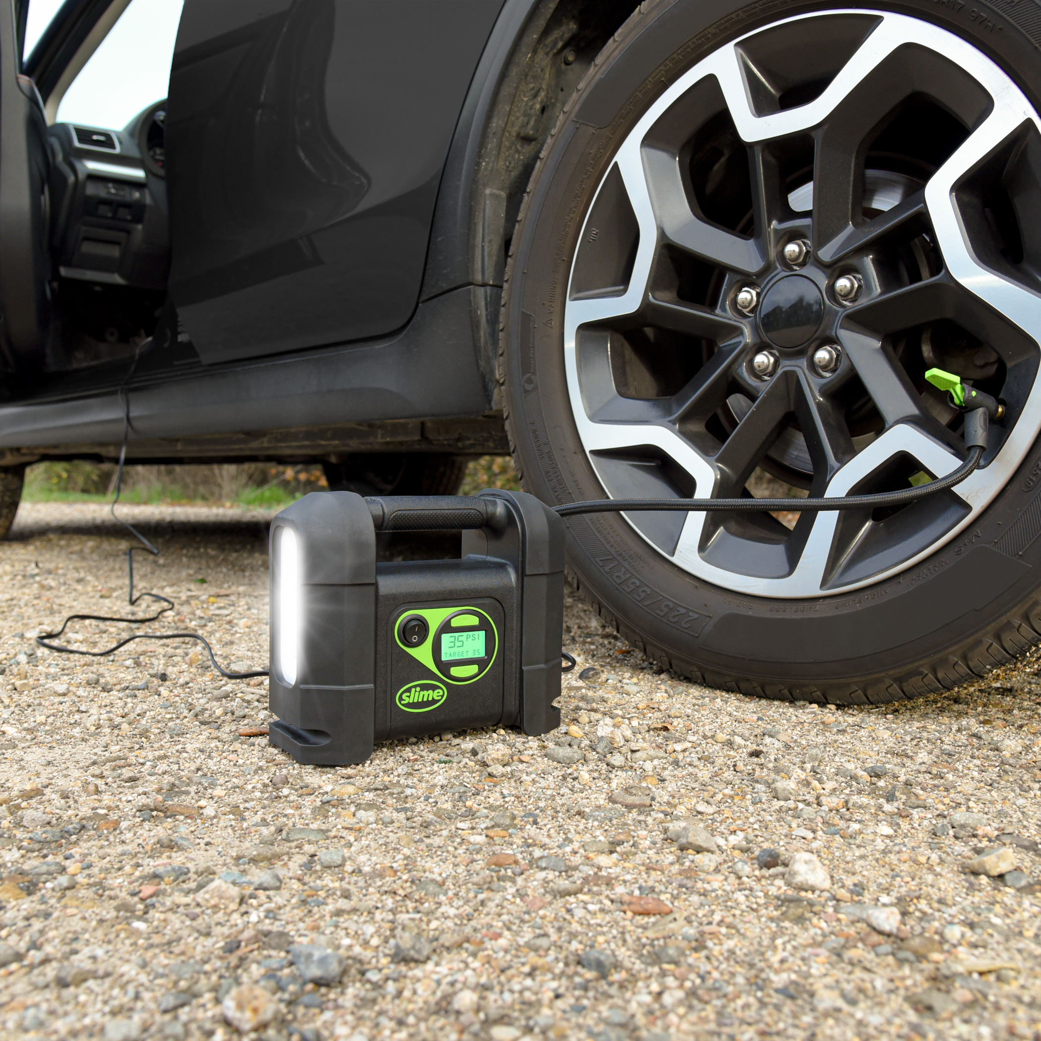 Slime 40047 Tire Inflator, Portable Car Air Compressor, Rugged, Inflate Right automatic shut off, with Digital 99 psi Display, Long Hose and LED Light, 12V, 4 min inflation - 40047