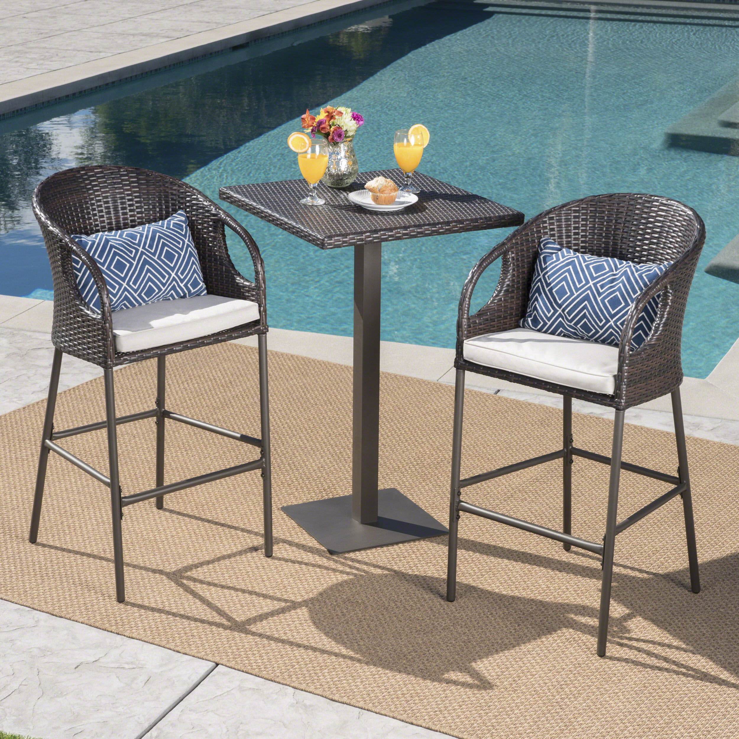 GDF Studio Mayhill Outdoor Wicker 3 Piece Bistro Bar Set with Cushion, Multibrown and Light Brown - image 2 of 13