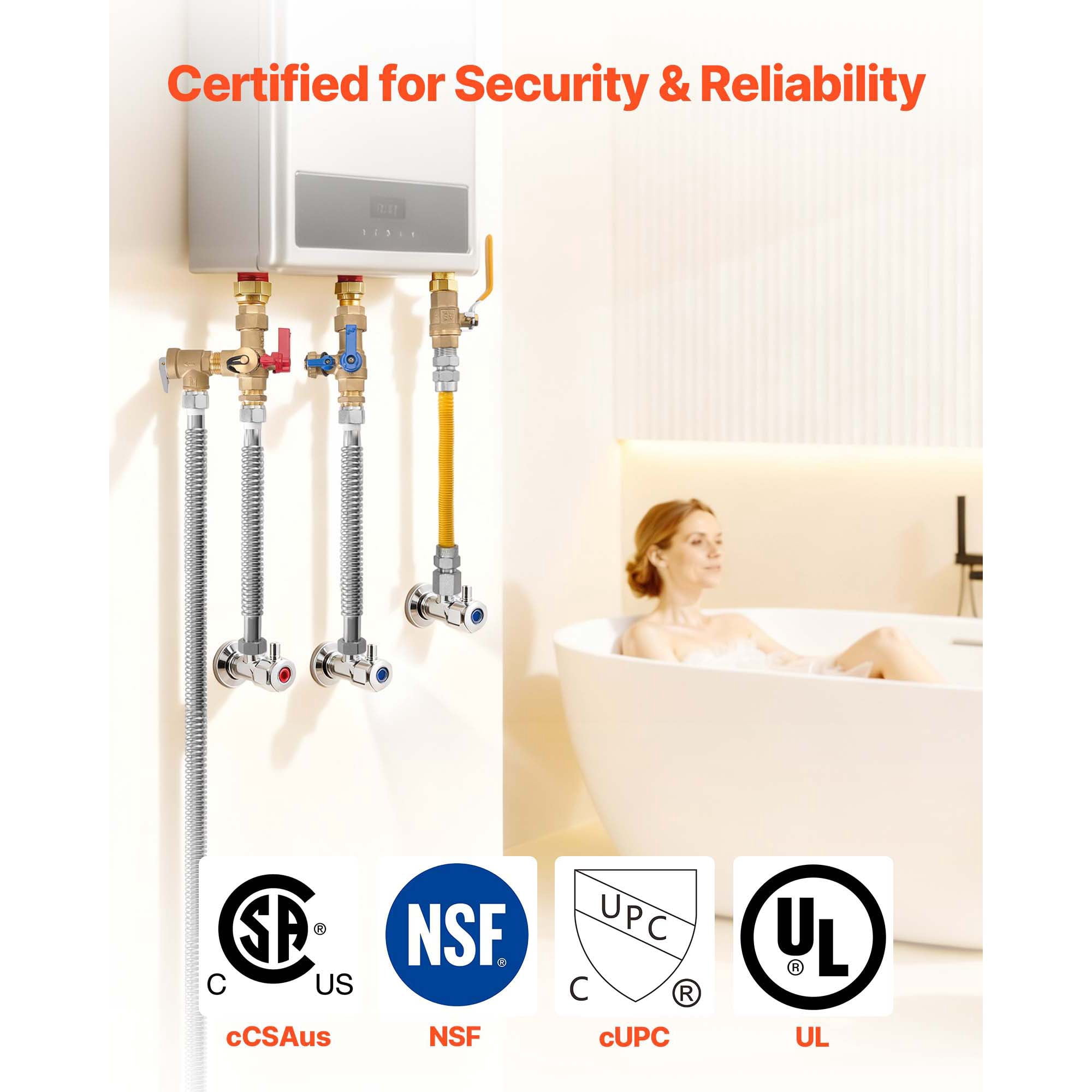 KFFKFF Water Heater Kit, 3/4 Inch Hot & Cold Water Plumbing Repair Set with Isolation Valves, Pressure Relief Valve, Ball Valve, Gas Hose, Works with Various Tankless Water Heater Models