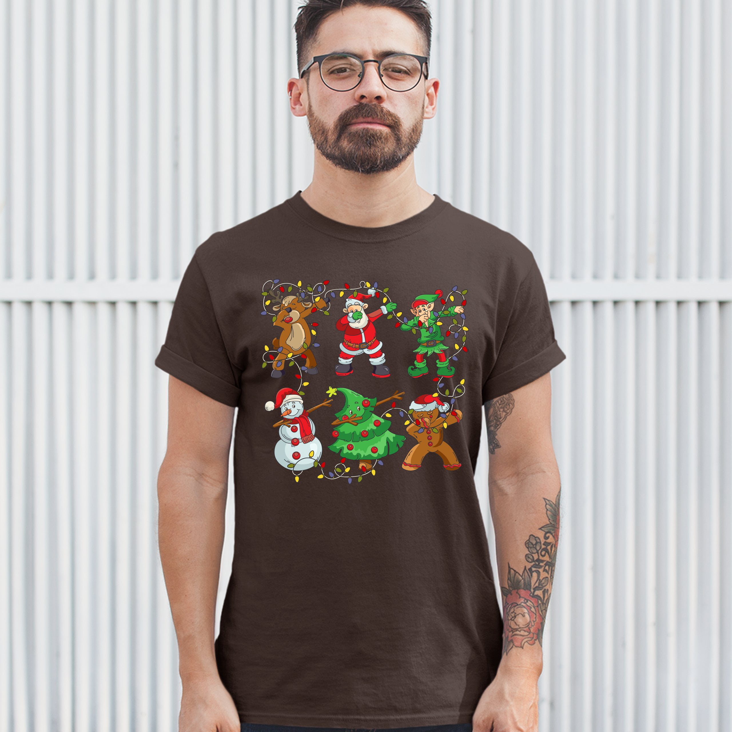 Tee Hunt Christmas Crew Dabbing T-shirt Reindeer Santa Claus Elf Snowman Men's Tee, Brown, X-Large