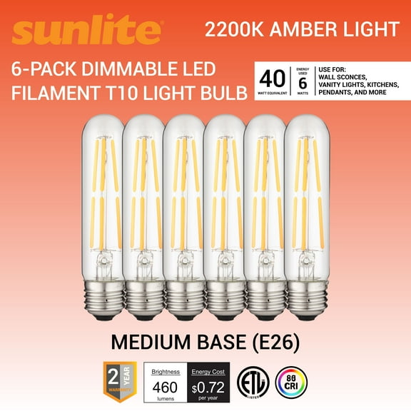 Sunlite LED Filament T10 Tubular Light Bulb, 6 Watts (40W Equivalent), Medium E26 Base, Dimmable, Clear, ETL Listed, 2200K Amber, 6-Pack