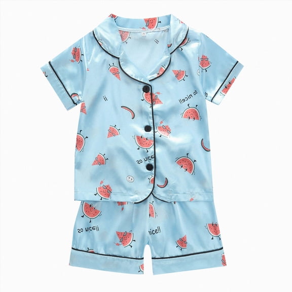 WUANDIXFA Girls Pajamas Silk Satin Pajama Set 1T 2T 3T 4T 5T 2 Piece Button Down Pjs Ruffle Sleepwear,Light Blue,12-18 Months