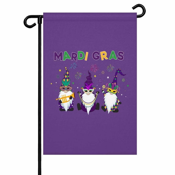 Garden Flag Double-Side Printed House Flag Happy Mask Gnomes Yard Flag Mardi Gras Gnomes Purple Welcome Banner Decor Outdoor Holiday Decorations 12*18in