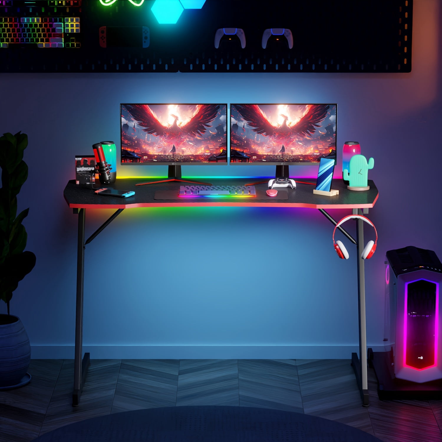 47" Gaming Desk Z Shaped Gaming Desk Large Home Office Desks PC Computer Desk Workstation Study Desk Table Ergonomic Gamer Desk Wood Writing Desk with Headphone Hook for Game Player, Red
