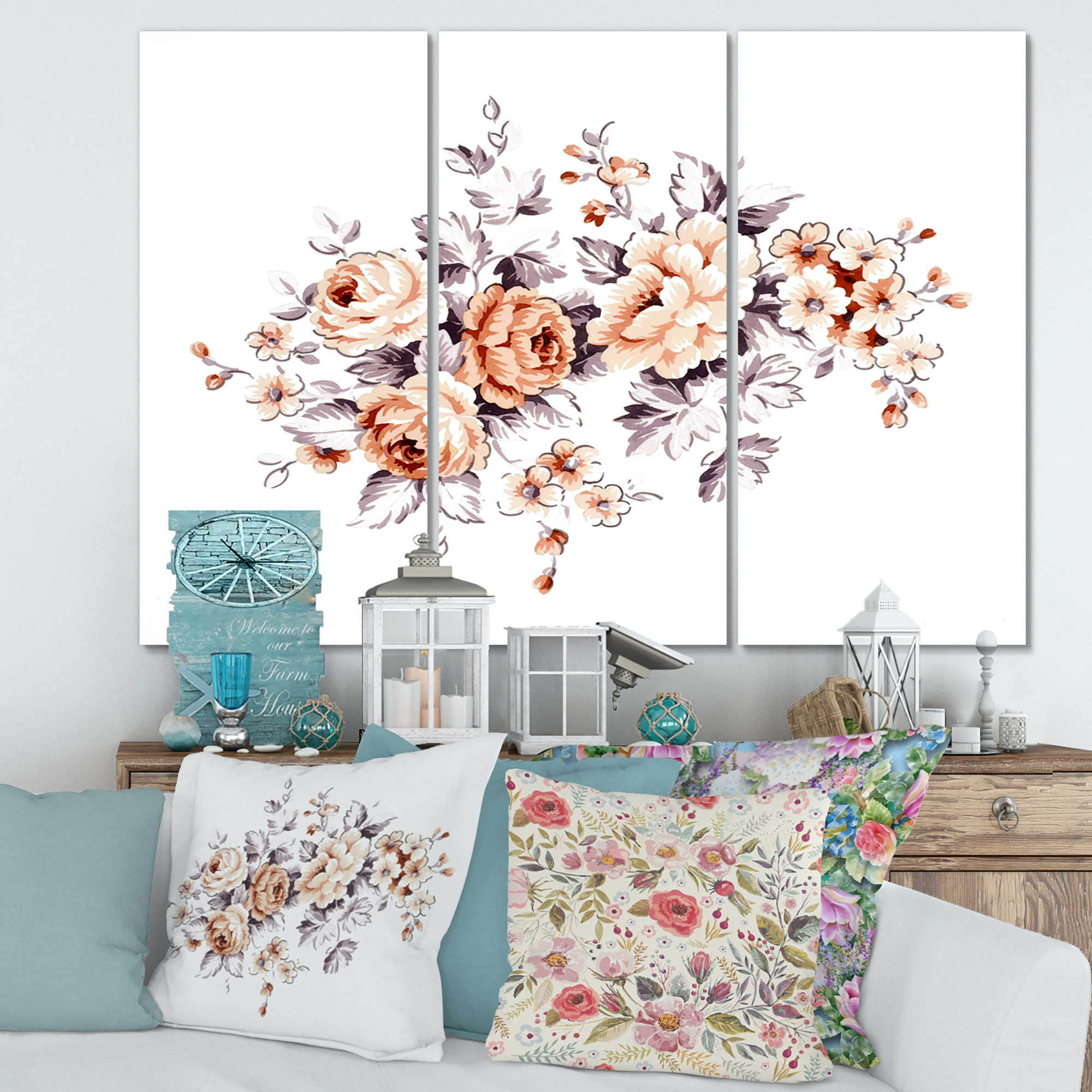 Designart ' Pink Wild Roses With Monochrome Leaves ' Traditional Canvas Wall Art Print
