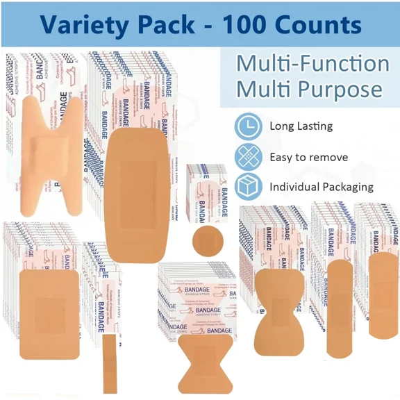 Adhesive Sterile Bandages First Aid Pack of 100 Assorted Size Bandages Travel Pack