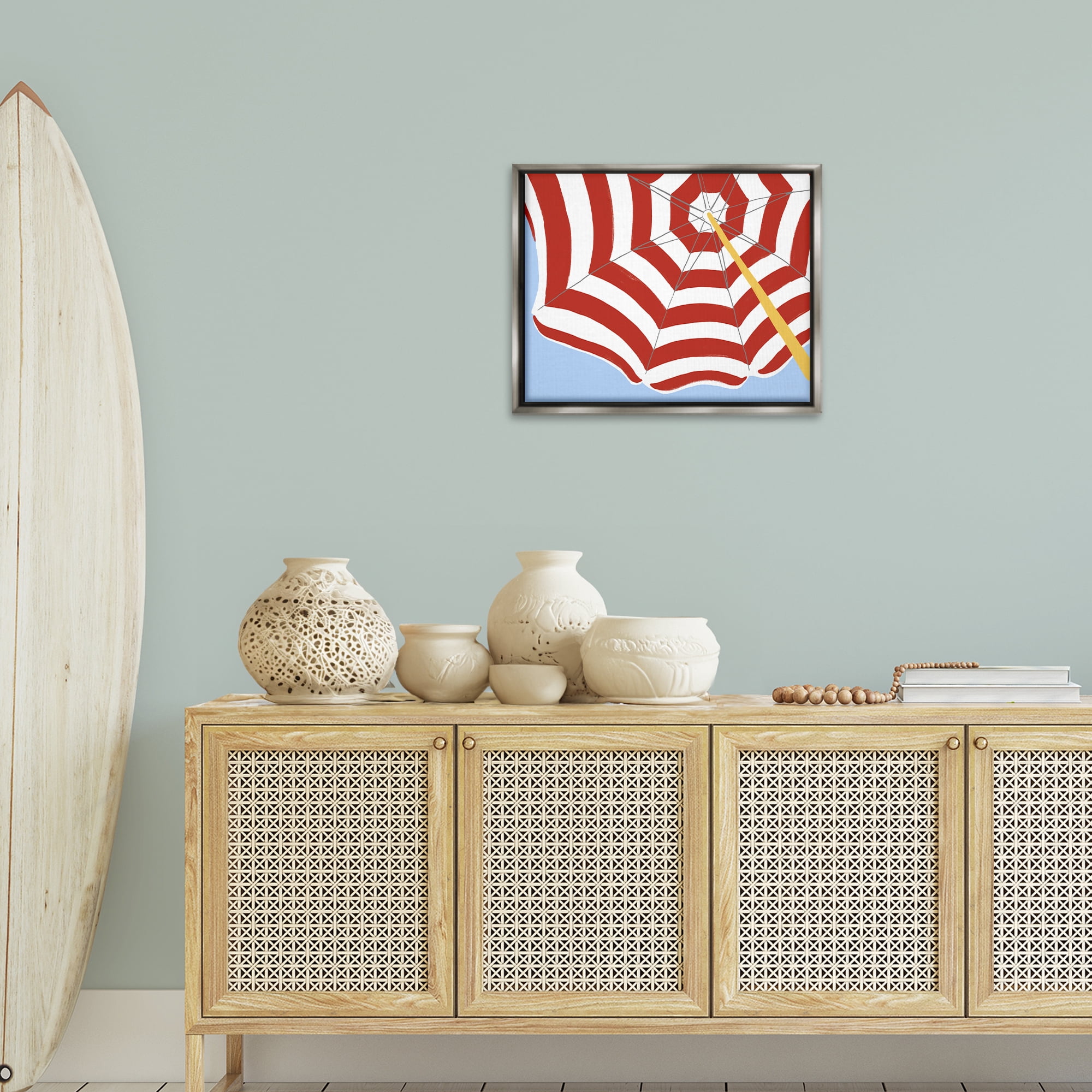 Stupell Industries Red & White Umbrella Coastal Painting Gray Floater Framed Canvas Art Print Wall Art, 21 x 17