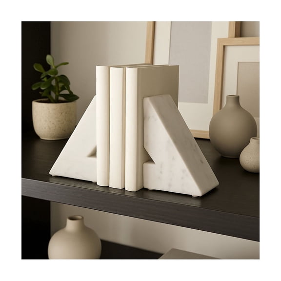 Decorative Marble Triangle Bookends - Stylish Book Accessories for Home Library and Table Accents - Modern Elegant Book Ends for Bookshelf, Office Spaces, or Desk Decoration - Set of 2, 6", White