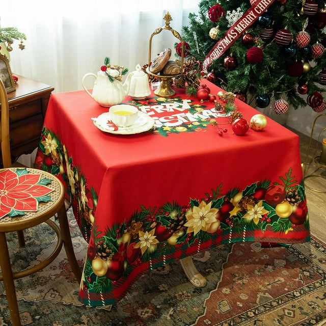Nappe de Table Rouge de Noël Carrée - 60x60 Pouces - Nappe Résistante à l'Eau avec Imprimé Décoratif pour les Fêtes et le Réveillon du Nouvel An - Tissu Facile d'Entretien pour Table, Fête, Cuisine, Salle à Manger, Usage Extérieur