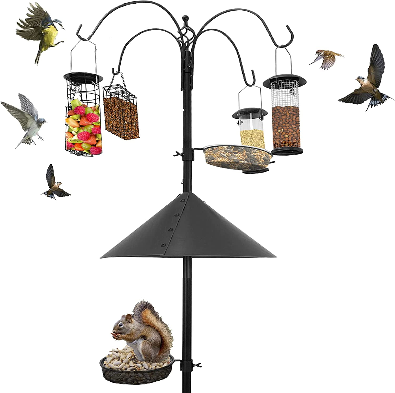 Squirrel Proof Bird Feeder  Wild Bird Station - Powder Coated 81 Inch Steel Pole  Squirrel Baffle  4 Bird Feeders  1 Squirrel Peanut Feeder - 5 Prong Base  PATENTS PENDING