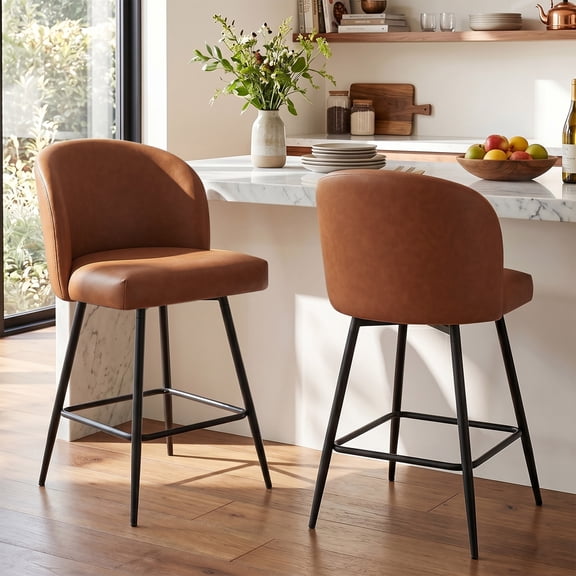 Counter Height Swivel Bar Stools Set of 2, 26" Faux Leather Upholstered Bar Chairs with Back, 360° Swivel Kitchen Island Stools, Metal Legs, Walnut