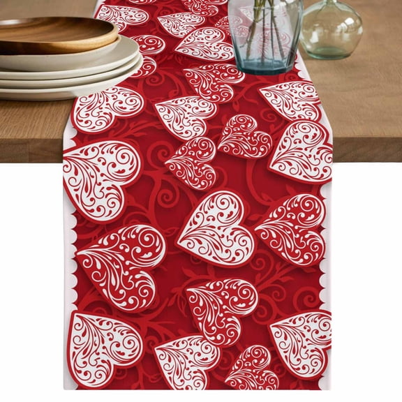 Valentine's Day Table Runner 48 Inches, Red Love Heart Romantic Art Bed Runner Dresser Scarves Tabletop for Indoor Outdoor Parties/Ceremony/Banquet, 13" x 48"