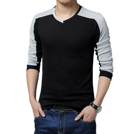 Unique Bargains Men's Contrast Color V Neck Long Sleeve Casual T-Shirt