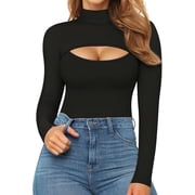 SMZ Mock Neck Cutout Front Top Long Sleeve Bodysuits for Women Cutout Bodysuit Piece Bodysuit