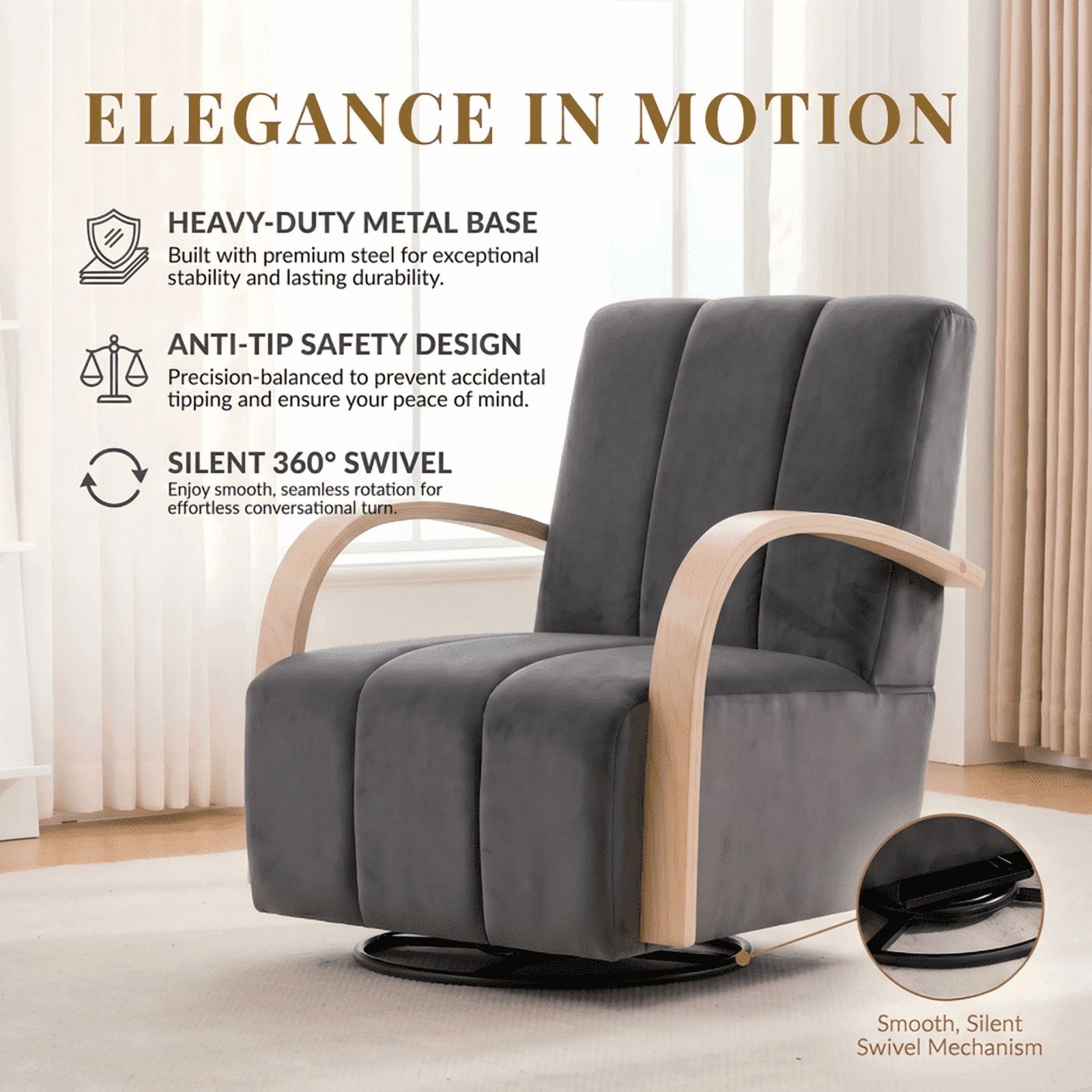 Gewnee Accent Chair, 360°Swivel Upholstered Reading Chair,Modern Armchair for Living Room, Bedroom & Home Office, Gray(Velvet)